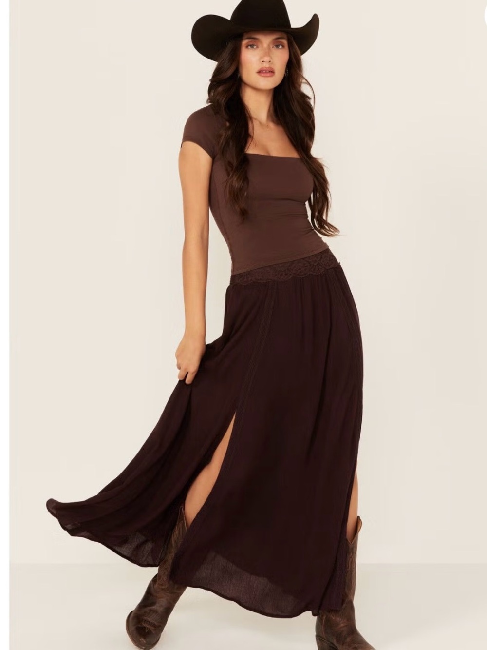 Shyanne Chocolate Brown Lace-Waist Maxi Skirt with Side Slits